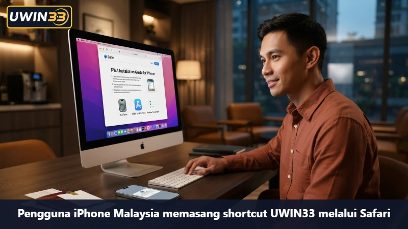 Pengguna iPhone Malaysia memasang shortcut UWIN33 melalui Safari