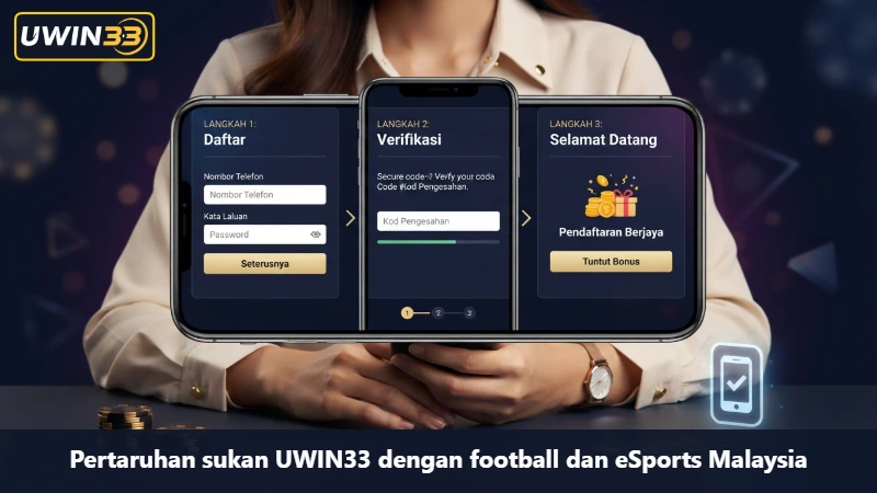 Ilustrasi langkah daftar, verification dan welcome pada skrin telefon